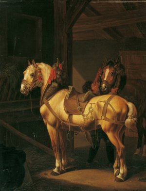 Zwei Zugpferde Im Stall by Johann Baptist Dallinger Von Dalling Oil Painting