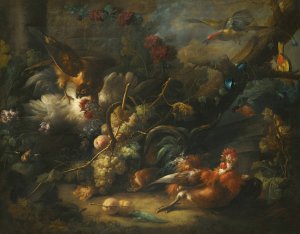 A Forest Floor Still Life With Poultry Attacked By A Hawk by Johann Baptist Drechsler Oil Painting