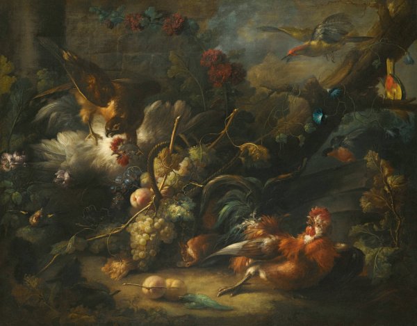 A Forest Floor Still Life With Poultry Attacked By A Hawk by Johann Baptist Drechsler - Hand-Painted Oil Painting Reproduction
