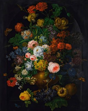 A still life of flowers in a vase with butterflies  by Johann Baptist Drechsler Oil Painting