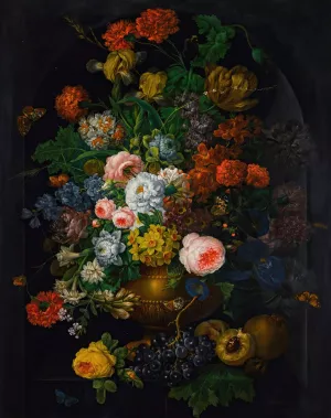 A still life of flowers in a vase with butterflies  by Johann Baptist Drechsler Oil Painting