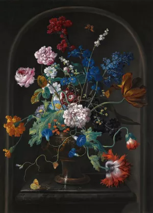 A Still Life Of Roses, Tulips, Anemones, Bluebells And Other Flowers In A Vase, In A Stone Niche by Johann Baptist Drechsler Oil Painting