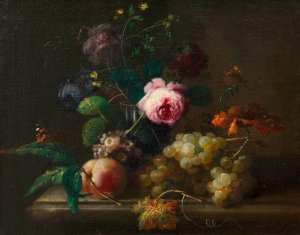 Blumenstillleben mit Fruchten by Johann Baptist Drechsler Oil Painting