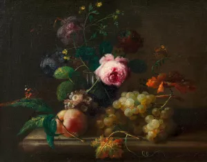 Blumenstillleben mit Fruchten by Johann Baptist Drechsler Oil Painting