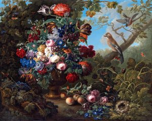 Groses Blumenstillleben mit Vogeln by Johann Baptist Drechsler Oil Painting