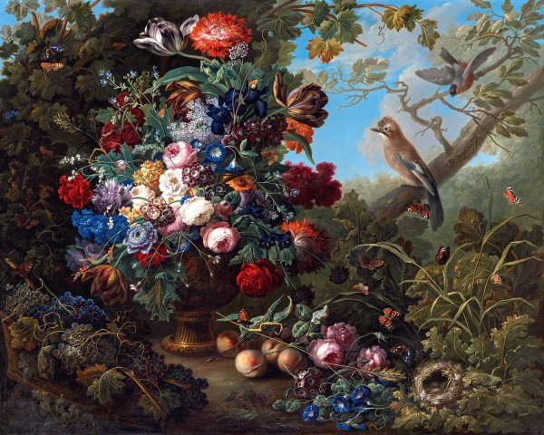 Groses Blumenstillleben mit Vogeln  by Johann Baptist Drechsler - Hand-Painted Oil Painting Reproduction