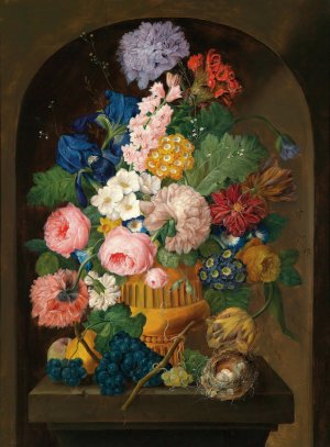 Still Life Of Flowers With A Bird's Nest by Johann Baptist Drechsler Oil Painting