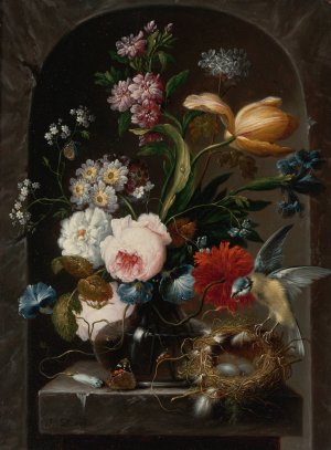 Still Life Of Roses, Morning Glories, Primroses, A Tulip And Other Flowers In A Glass Vase, With A Bird And Bird's Nest by Johann Baptist Drechsler Oil Painting