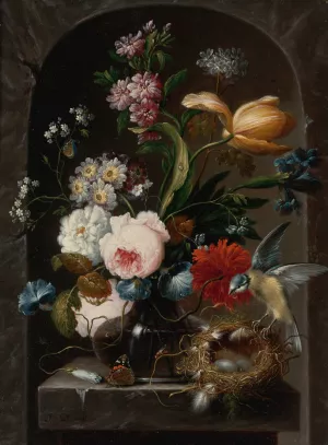 Still Life Of Roses, Morning Glories, Primroses, A Tulip And Other Flowers In A Glass Vase, With A Bird And Bird's Nest by Johann Baptist Drechsler Oil Painting