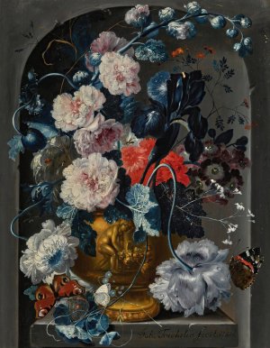 Still life with carnations, roses, hollyhocks and other flowers in a sculpted bronze urn with butterflies in an alcove by Johann Baptist Drechsler Oil Painting