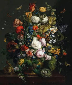 Tulips, daffodils, roses and other flowers in a vase on a stone ledge with butterflies and a bird's nest by Johann Baptist Drechsler Oil Painting
