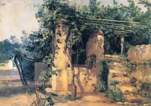 A Vine-Covered Terrace with a Well and a View of the Sea by Johann Baptist Kirner Oil Painting