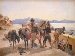 Robbers Attacking Travellers by Johann Baptist Kirner Oil Painting