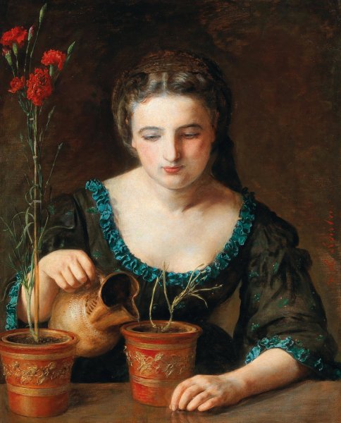 A Girl With Carnation by Johann Baptist Reiter - Hand-Painted Oil Painting Reproduction