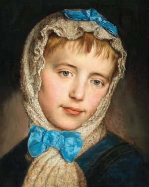 A Girl With Lace Headscarf And Blue Bows by Johann Baptist Reiter Oil Painting