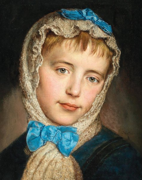A Girl With Lace Headscarf And Blue Bows by Johann Baptist Reiter - Hand-Painted Oil Painting Reproduction
