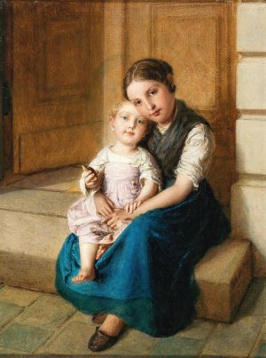 Sisterly Love by Johann Baptist Reiter Oil Painting