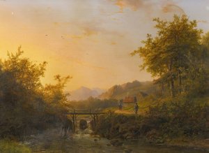 Landscape With Peasants Walking Near A River At Dusk by Johann Bernhard Klombeck Oil Painting