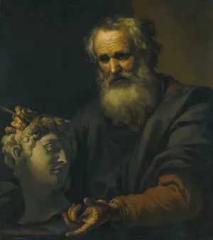 A Philosopher Deep In Thought Holding A Sculpted Head Oil painting by Johann Carl Loth