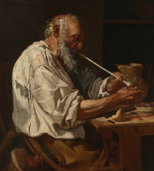 Old Peasant Lighting a Pipe  by Johann Carl Loth - Hand-Painted Oil Painting Reproduction