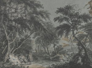 Ausgang aus dem Wald, links zwei rastende Wanderer in Manteln by Johann Caspar Zehender Oil Painting