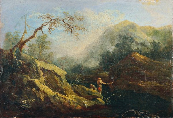 Bergige Landschaft mit Angler  by Johann Christian Brand - Hand-Painted Oil Painting Reproduction