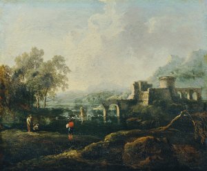 Ideale Landschaft mit Fluss und Bruckenruine by Johann Christian Brand Oil Painting