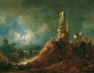 Landschaft mit Ruine und Reiter bei Mondschein by Johann Christian Brand Oil Painting