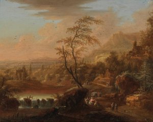 A mountain landscape with travellers by Johann Christian Vollerdt Oil Painting