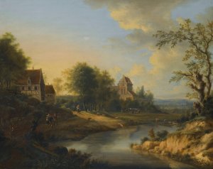 A River Landscape With Figures On The Bank And Sheep Grazing by Johann Christian Vollerdt Oil Painting