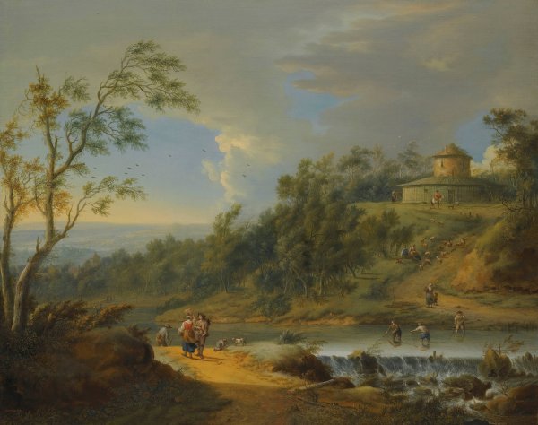 Main Product Photo of A River Landscape With Fishermen Dredging A Weir  Painting by Johann Christian Vollerdt