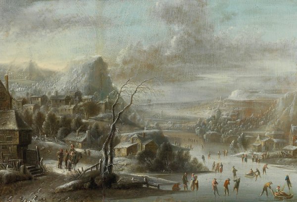 Main Product Photo of A winter landscape with skaters on a frozen river Painting by Johann Christian Vollerdt