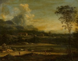 Mountain landscape with a lake and buildings by Johann Christian Vollerdt Oil Painting