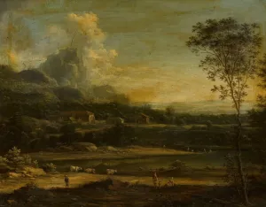Mountain landscape with a lake and buildings by Johann Christian Vollerdt Oil Painting
