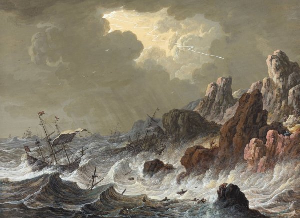 Storm-Tossed Ships Wrecked on a Rocky Coast by Johann Christoph Dietzsch - Hand-Painted Oil Painting Reproduction