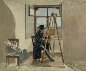 The Painter Johann Adam Klein at the easel in his studio in the Palais Chotek in Vienna by Johann Christoph Erhard Oil Painting