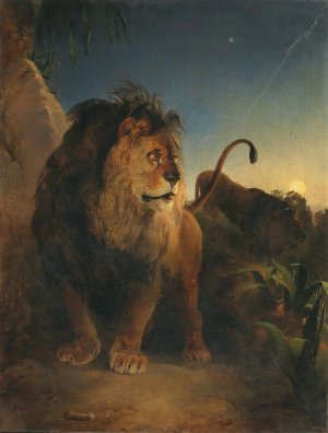 Pair of Lions on a Moonlit Night by Johann Fischbach Oil Painting