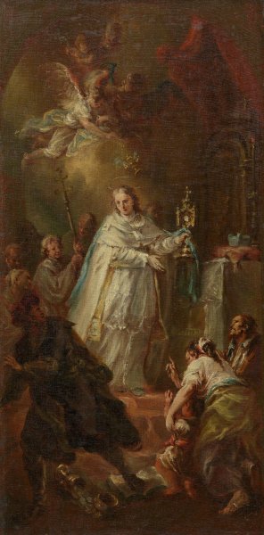 Sakramentswunder; Ein Priester vertreibt einen Ketzer mit dem emporgehobenen Allerheiligsten vom Altar by Johann Georg Baumgartner Oil Painting