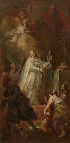 Sakramentswunder; Ein Priester vertreibt einen Ketzer mit dem emporgehobenen Allerheiligsten vom Altar Oil painting by Johann Georg Baumgartner