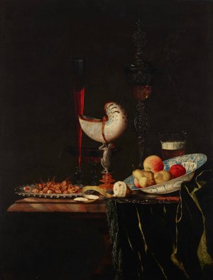 A nautilus cup, a flute, a facon-de-Venise and a wine and beer glass with nuts on a silver charger by Johann Georg Hinz Oil Painting