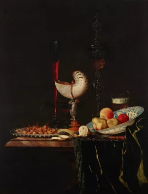 A nautilus cup, a flute, a facon-de-Venise and a wine and beer glass with nuts on a silver charger by Johann Georg Hinz Oil Painting