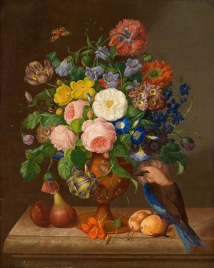 Blumenstuck mit Vogel by Johann Georg Seitz Oil Painting