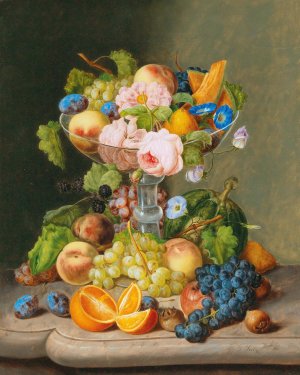 Large Still Life with Flowers and Fruit by Johann Georg Seitz Oil Painting