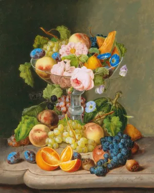 Large Still Life with Flowers and Fruit by Johann Georg Seitz Oil Painting