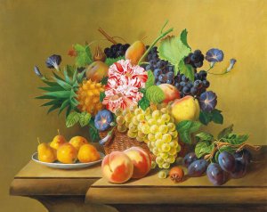 Stillleben mit Fruchtekorb und einem Teller mit Birnen by Johann Georg Seitz Oil Painting