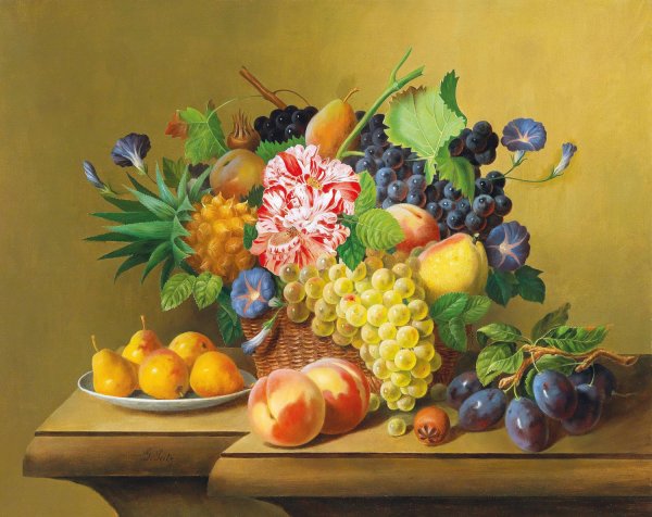 Stillleben mit Fruchtekorb und einem Teller mit Birnen by Johann Georg Seitz - Hand-Painted Oil Painting Reproduction