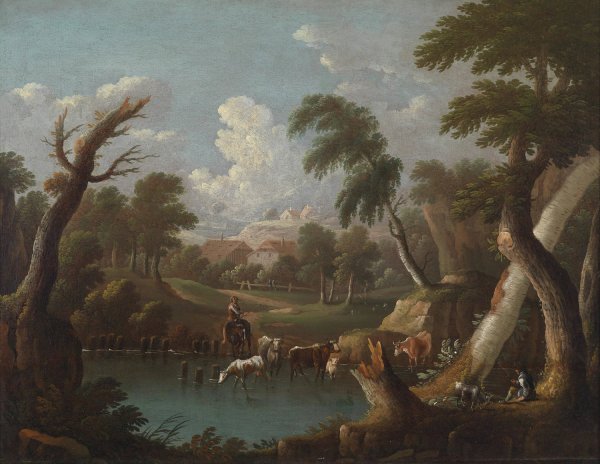 Bergige Landschaft mit trinkendem Vieh by Johann Georg Von Bemmel - Hand-Painted Oil Painting Reproduction