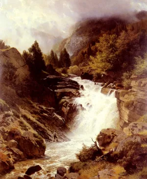 A Waterfall In The Bavarian Alps by Johann Gottfried Steffan - Oil Painting Reproduction