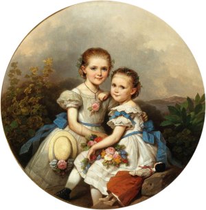 Siblings with strawhat and doll by Johann Grund Oil Painting