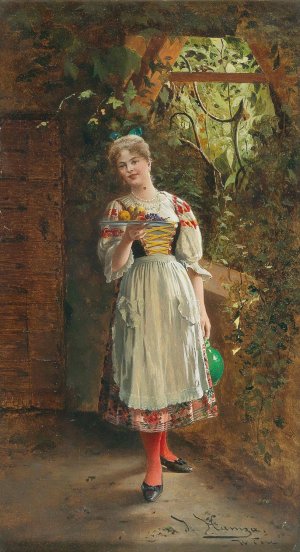 A young girl in traditional costume by Johann Hamza Oil Painting